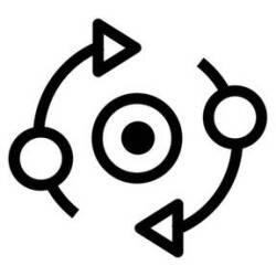 Circular flow diagram with 2 sets of an interconnected circle node and triangle node rotating around a central target-like circle, representing a continuous feedback or process loop